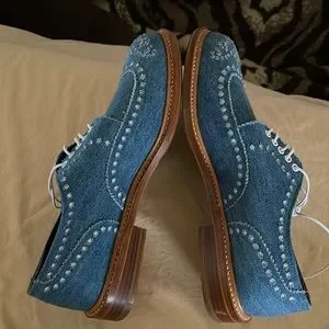 Blue denim Oxfords, Wing Tip lace front.  Leather soles. Ambrogio Handmade Denim Patina Leather Wingtip Oxfords  main image 4